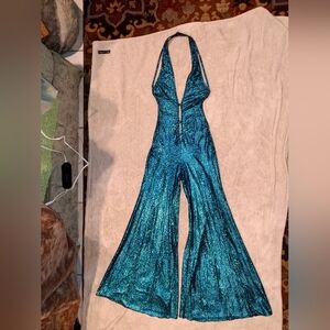 Vintage Retro Studio 54 Glam Stylish Blue Halter Sparkle Jumpsuit Sz Sm